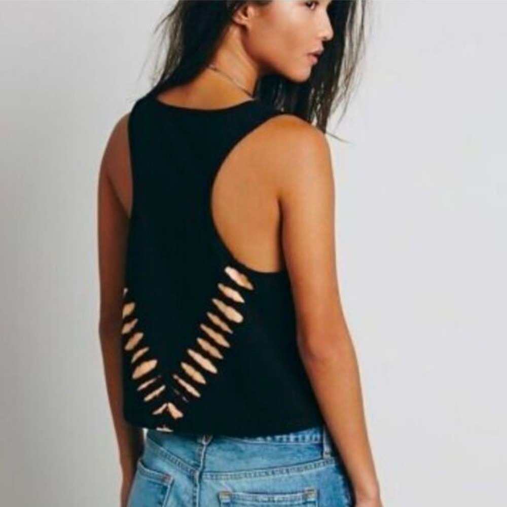 NEW Free People Tank Top Women Sz Small Black Bleached Boho Festival Edgy